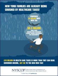 An illustration of a man carrying heavy weights on his back, symbolizing the heavy burden that the new MCO tax legislation will impose on New Yorkers.